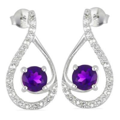 BUY 925 STERLING SILVER AFRICAN AMETHYST ROUND GEMSTONE CLASSIC EARRINGS WITH CUBIC ZIRCONIA – WHOLESALE JEWELRY